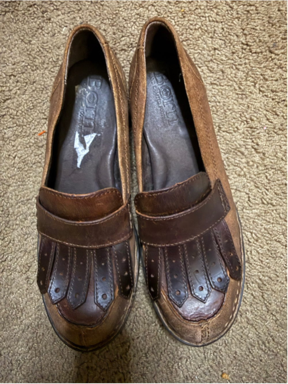 Women's Born Damskie Fringe Leather Loafers Brown Fringe Detail